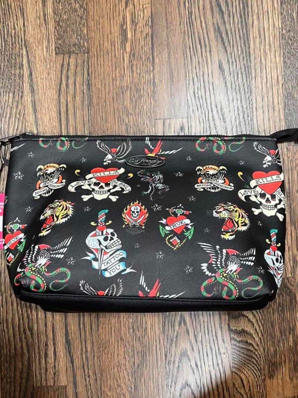 ed hardy tattoo print multi color makeup cosmetic toiletry bag in black y2k NWT
